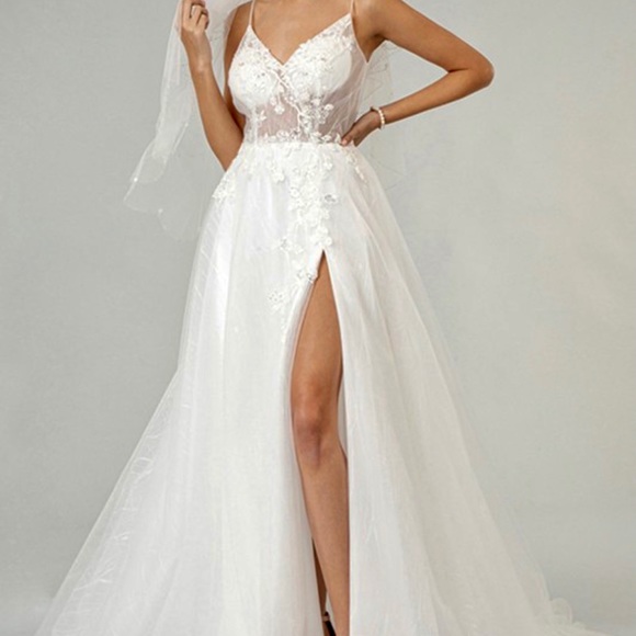 Embroidered sheer lace wedding dress